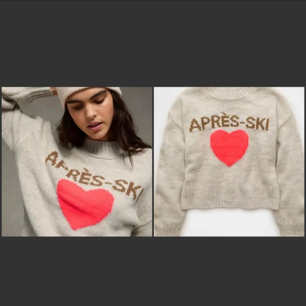 American Eagle Après-Ski Heart Knit Sweater - Cream with Coral Heart Size XS